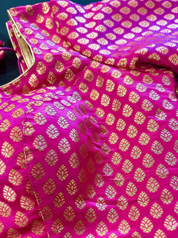 Hot Pink Readymade Blouse with small Gold Buttis in Pure Banarasi | Readymade Blouses | Hot Pink Blouse | Stitched Blouse | Kaash Collection - Kaash Collection