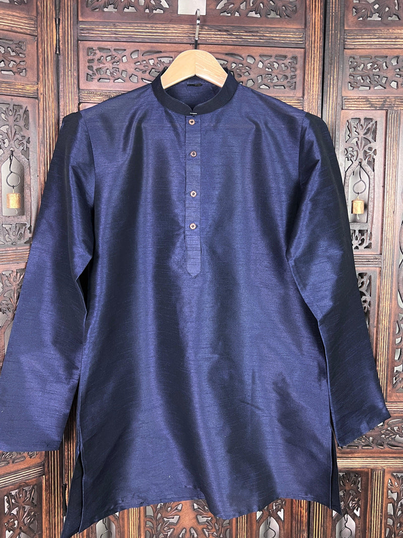 Dark Blue Color Raw Silk Men Short Kurta - Kaash Collection