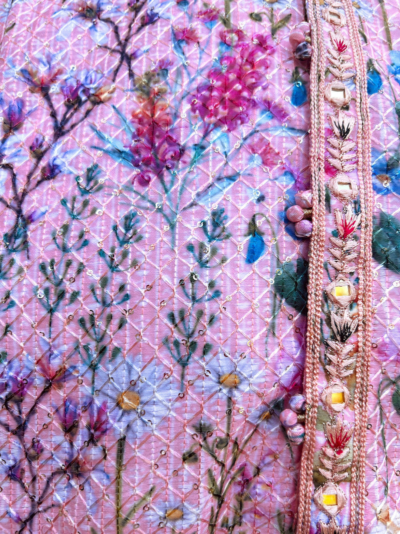 Exclusive Designer Pink Kurta with Floral Digital Printing and Sequence Work in Soft Silk | Wedding Kurtas | Mehandi Function Kurta - Kaash Collection