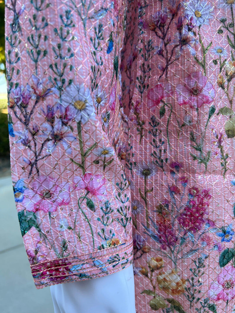 Exclusive Designer Pink Kurta with Floral Digital Printing and Sequence Work in Soft Silk | Wedding Kurtas | Mehandi Function Kurta - Kaash Collection