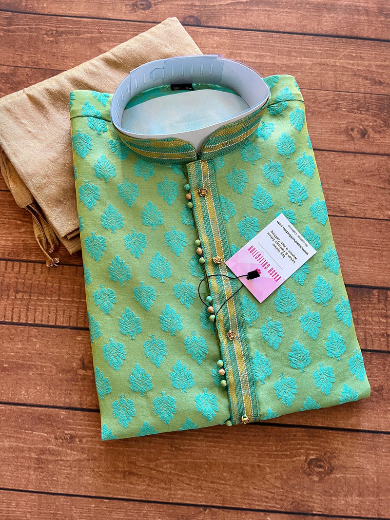 Parrot Green with teal green floral Kurta Pajama Set for Men Indian Traditional Mens Ethnic Wear - Kaash Collection