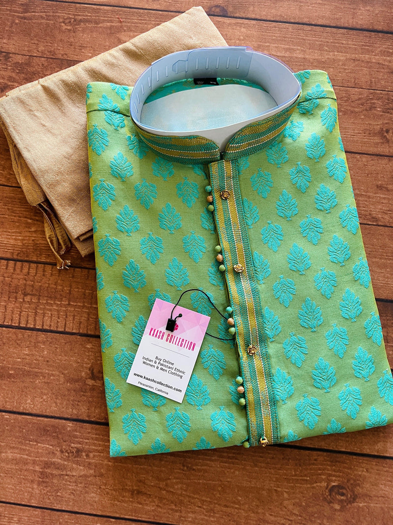 Parrot Green with teal green floral Kurta Pajama Set for Men Indian Traditional Mens Ethnic Wear - Kaash Collection