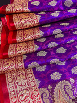 Purple with Red borders Banarasi Tanchoi Silk Handloom Saree | Zari Weaving with Motifs | Half and Half Saree | Kaash Collection - Kaash Collection