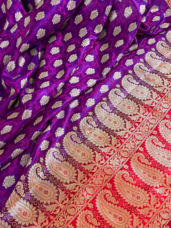 Purple with Red borders Banarasi Tanchoi Silk Handloom Saree | Zari Weaving with Motifs | Half and Half Saree | Kaash Collection - Kaash Collection