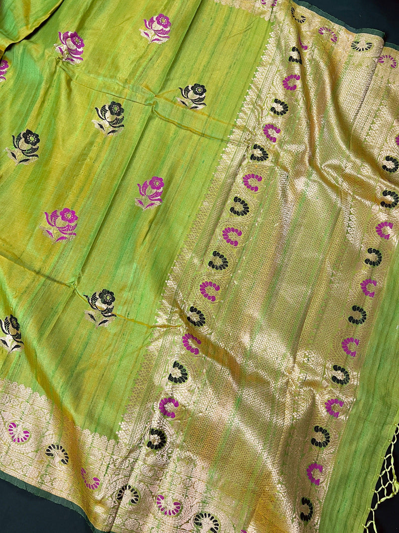Parrot Green double tone Pure Tussar Silk Saree Handwoven with Meenakari Floral design - Kaash Collection