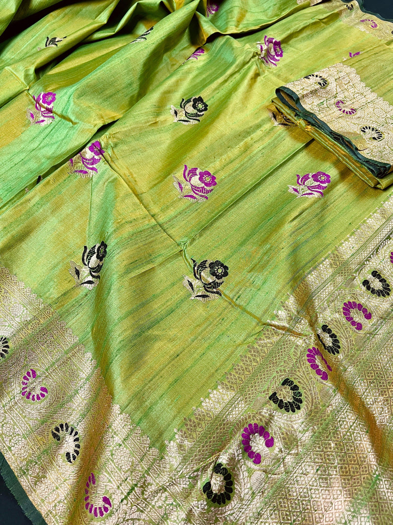 Parrot Green double tone Pure Tussar Silk Saree Handwoven with Meenakari Floral design - Kaash Collection