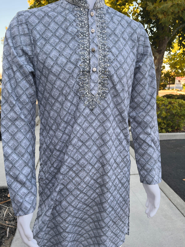 Chikankari Embroidery Light Grey Kurta for Men | Mirror Work & Block Prints | Kurta Pajama Set in USA | Ships from California | Kaash Kurtas - Kaash Collection