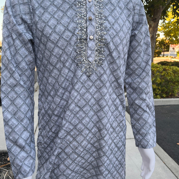 Mirror Work Gray Printed Cotton Blend Kurta Pajama Set at Rs 650/set in  Surat