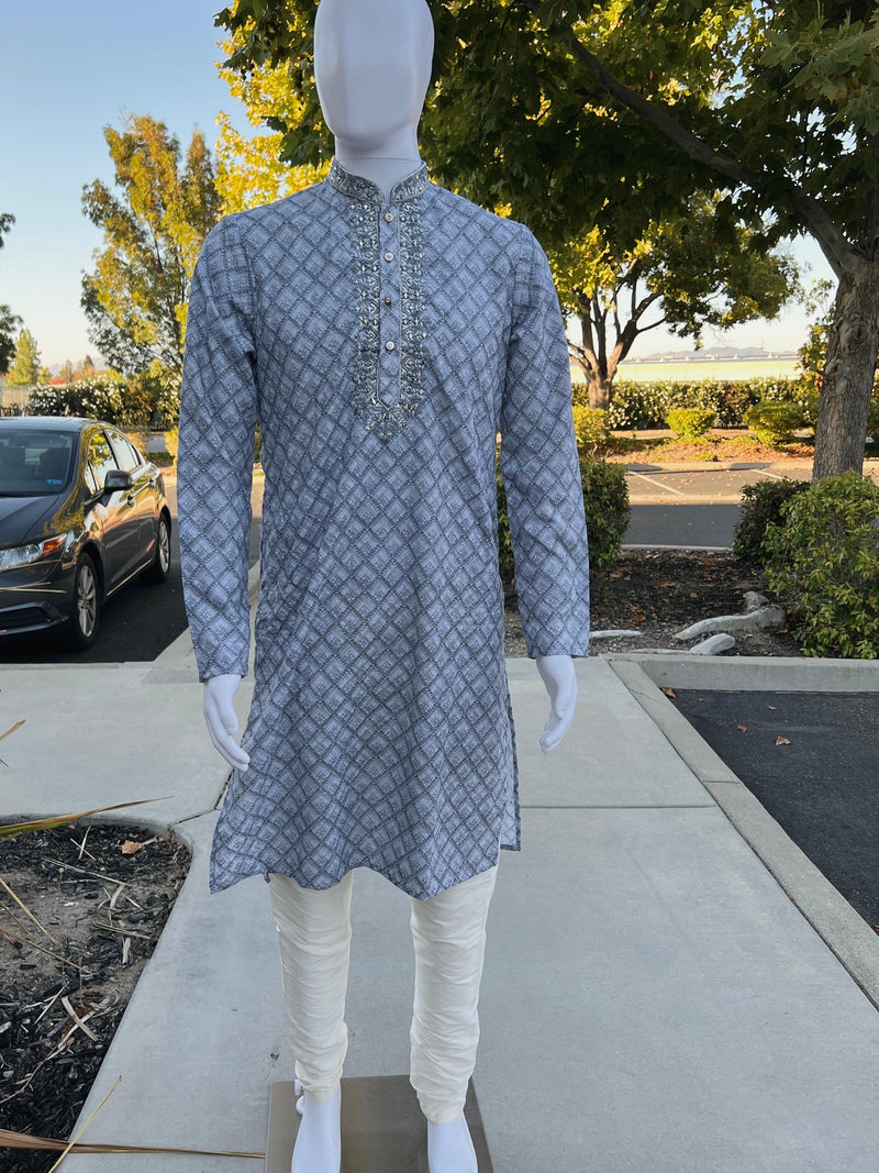 Chikankari Embroidery Light Grey Kurta for Men | Mirror Work & Block Prints | Kurta Pajama Set in USA | Ships from California | Kaash Kurtas - Kaash Collection