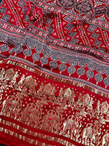 Ruby Red Pure Modal Silk Saree with Ajrak Handblock Prints with Zari Weaved Patterns on the Pallu - Kaash Collection