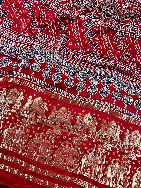 Ruby Red Pure Modal Silk Saree with Ajrak Handblock Prints with Zari Weaved Patterns on the Pallu - Kaash Collection