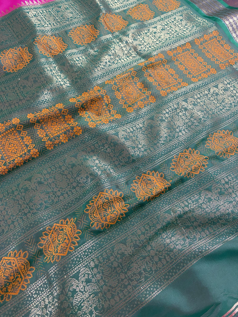 Pink Gadwal Soft Silk Saree with Green combination | Traditional Pallu and Borders | Zari Weave | Kaash Collection - Kaash Collection
