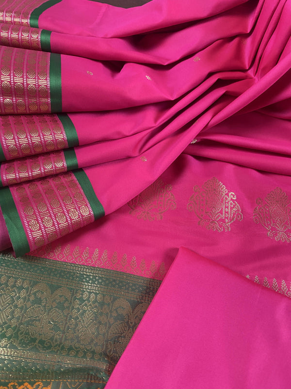 Pink Gadwal Soft Silk Saree with Green combination | Traditional Pallu and Borders | Zari Weave | Kaash Collection - Kaash Collection