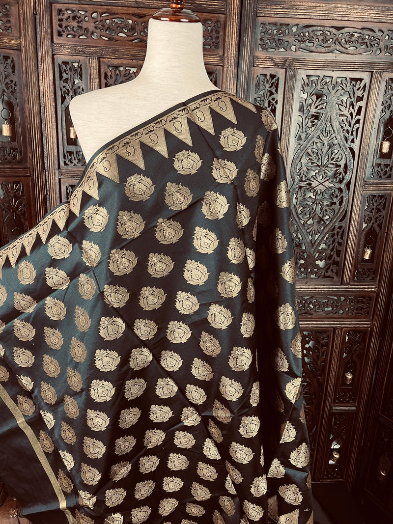 Black Soft Silk Banarasi Designer Dupatta with Muted Gold Zari Weaving - Kaash Collection