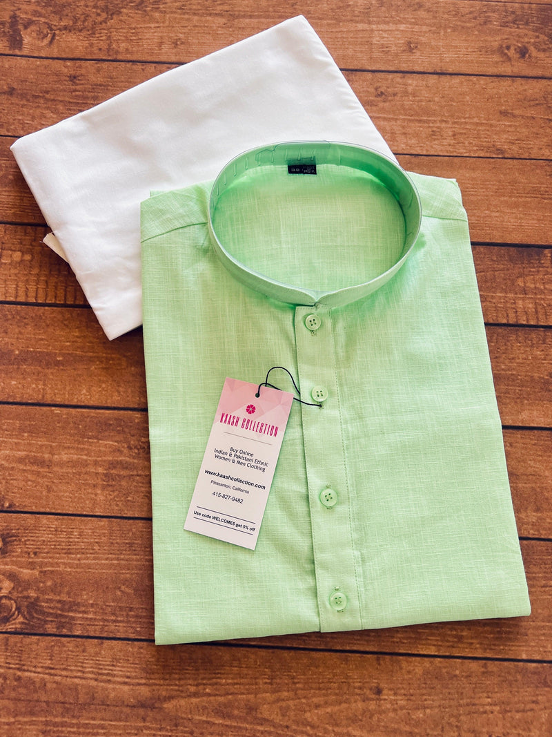 Light Green Color Linen Cotton Kurta Pajama for Men with White Pajama - Kaash Collection
