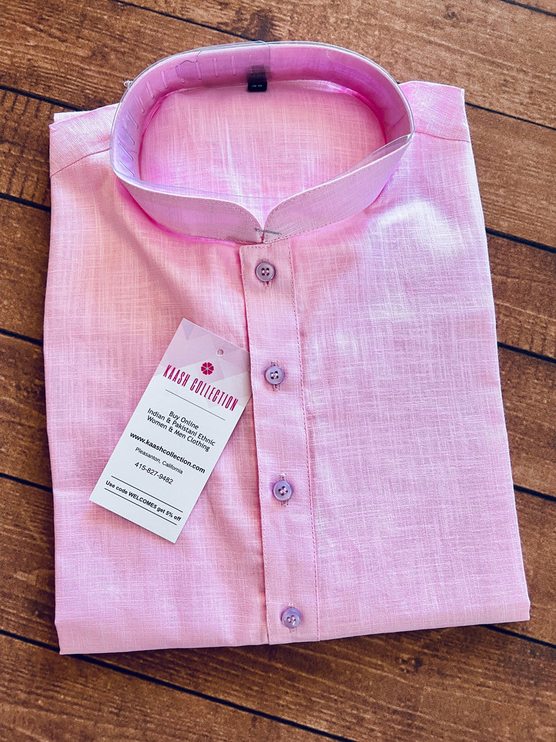 Baby Pink Color Linen Cotton Kurta Pajama for Men with White Pajama - Kaash Collection