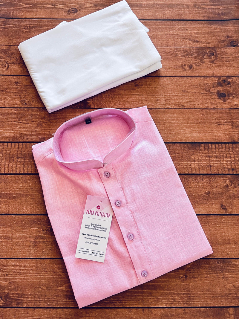 Baby Pink Color Linen Cotton Kurta Pajama for Men with White Pajama - Kaash Collection