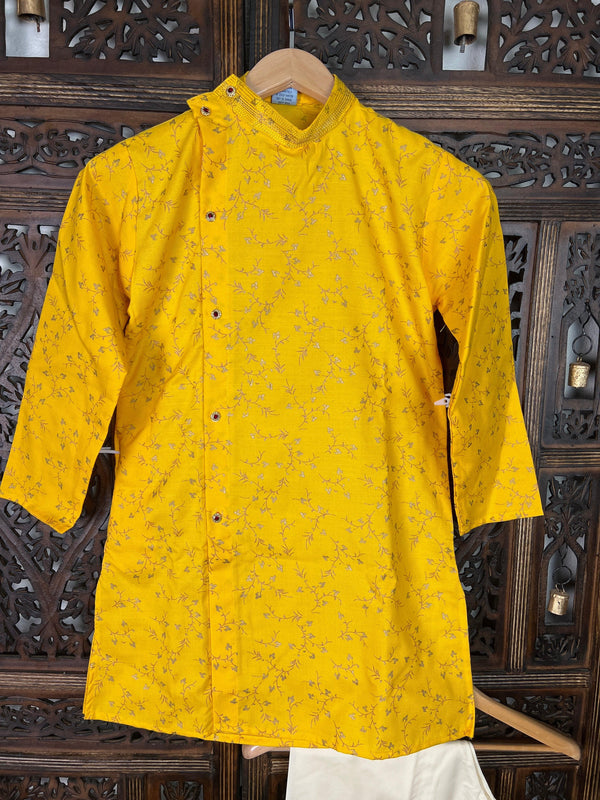 Boys Kurta Pajama Set in Cotton with Floral Pattern, comes with Off white Pajama - Kaash Collection