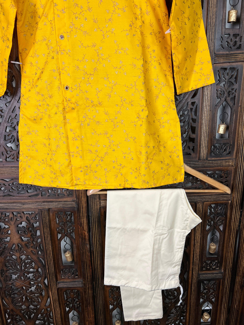 Boys Kurta Pajama Set in Cotton with Floral Pattern, comes with Off white Pajama - Kaash Collection
