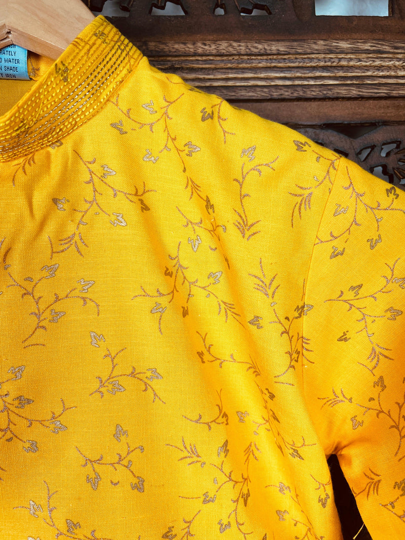 Boys Kurta Pajama Set in Cotton with Floral Pattern, comes with Off white Pajama - Kaash Collection