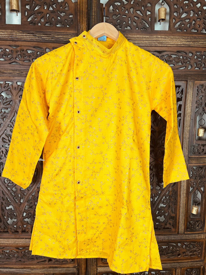 Boys Kurta Pajama Set in Cotton with Floral Pattern, comes with Off white Pajama - Kaash Collection