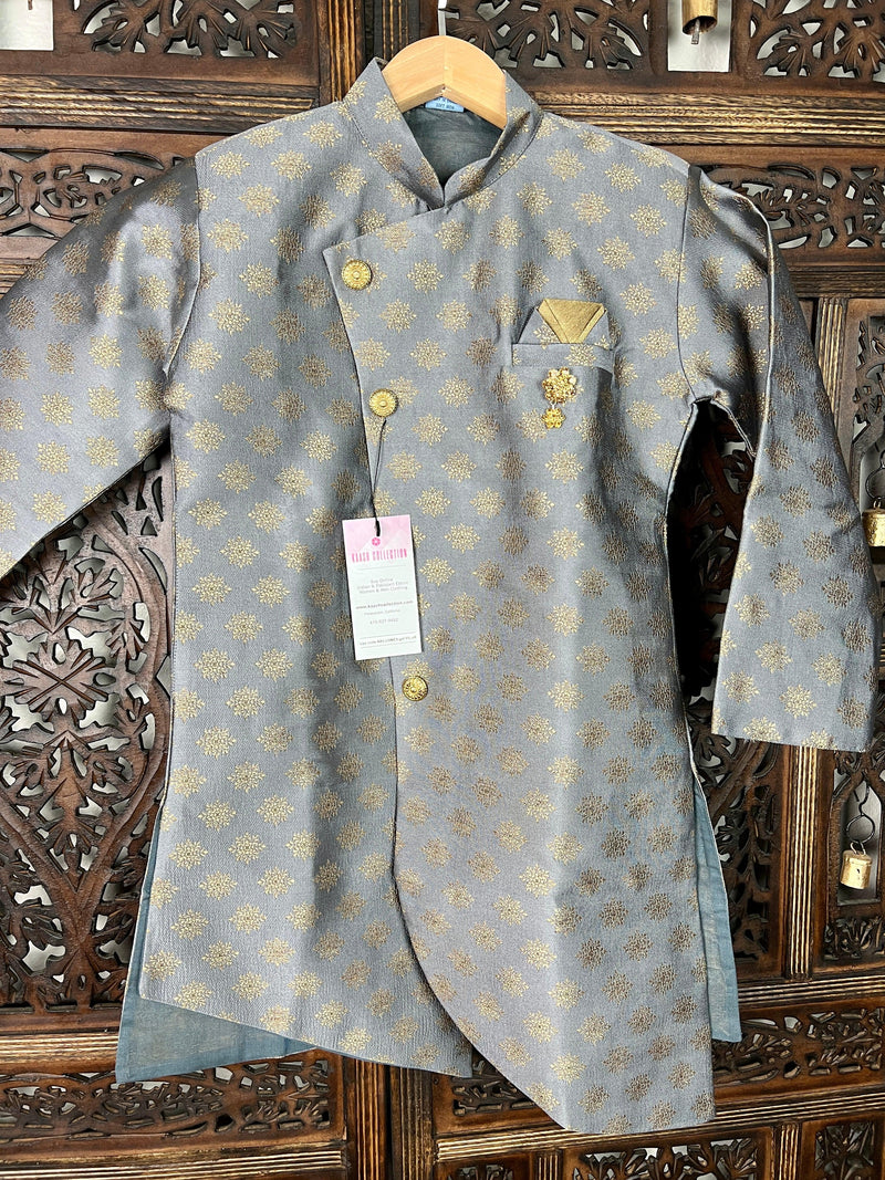 Boys 2pcs Jacket Style Kurta with Balloon Style Dhoti in Grey and Brown combination - Kaash Collection