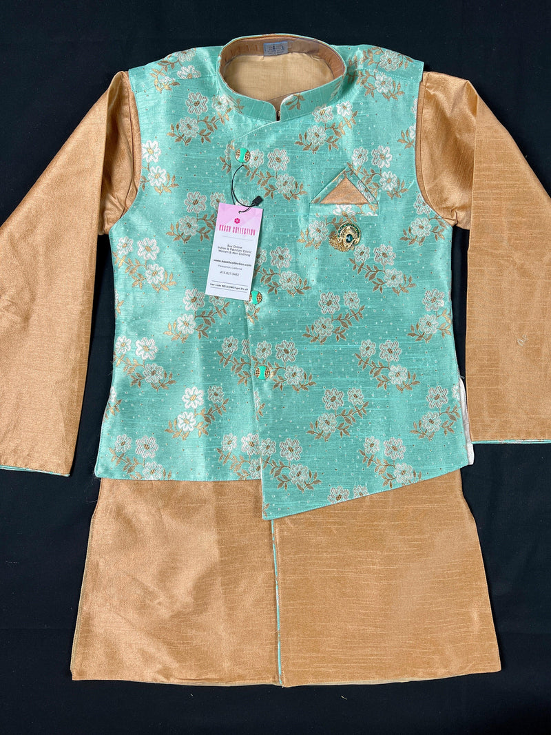 Pista Green Boys 3pcs Kurta Pajama with Jacket in Floral Pattern | Kids Wear | Boys Ethnic Wear | Boys Kurta Pajama | Kaash Collection - Kaash Collection