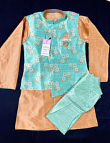 Pista Green Boys 3pcs Kurta Pajama with Jacket in Floral Pattern | Kids Wear | Boys Ethnic Wear | Boys Kurta Pajama | Kaash Collection - Kaash Collection