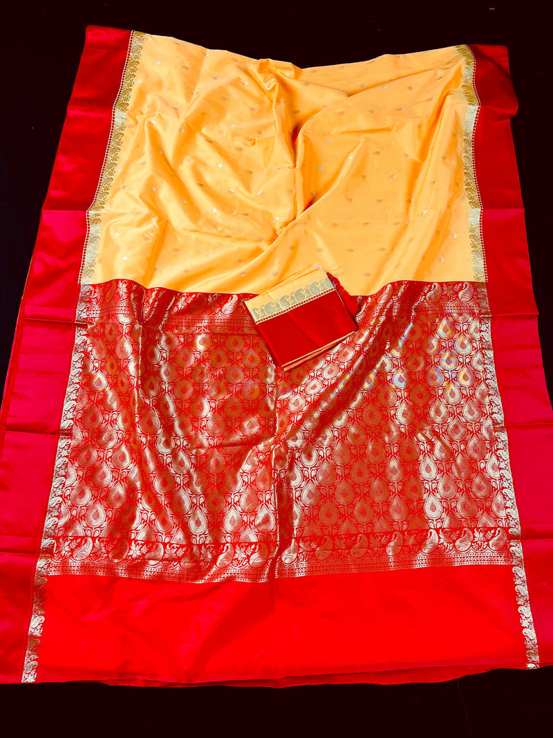 Statement Designer Mango Yellow with Red  Border and Pallu Saree - Kaash Collection