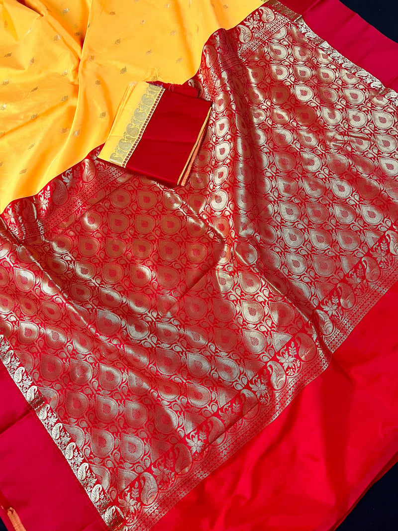 Statement Designer Mango Yellow with Red  Border and Pallu Saree - Kaash Collection