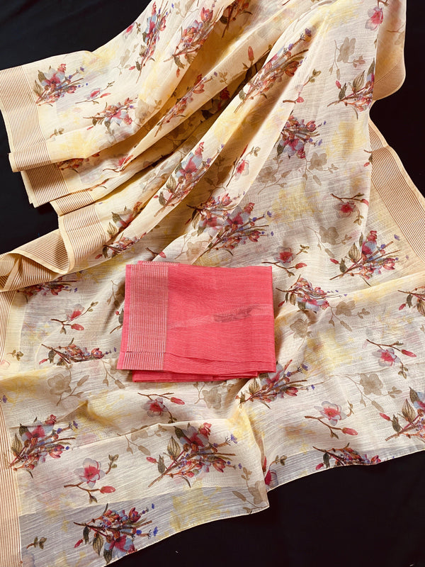 Yellow Cotton Linen Floral Authentic Handloom Prints Saree | Floral Saree | Linen Sarees | Zari Borders | Kaash Collection - Kaash Collection
