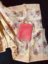 Yellow Cotton Linen Floral Authentic Handloom Prints Saree | Floral Saree | Linen Sarees | Zari Borders | Kaash Collection - Kaash Collection