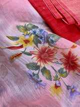 Pink Cotton Linen Floral Authentic Handloom Prints Saree | Floral Saree | Linen Sarees | Zari Borders | Kaash Collection - Kaash Collection