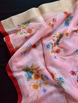 Pink Cotton Linen Floral Authentic Handloom Prints Saree | Floral Saree | Linen Sarees | Zari Borders | Kaash Collection - Kaash Collection