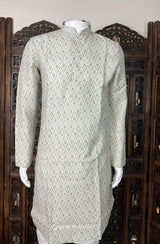 Greenish Grey Ikkat Digital Printed Linen Silk Kurta Pajama - Kaash Collection