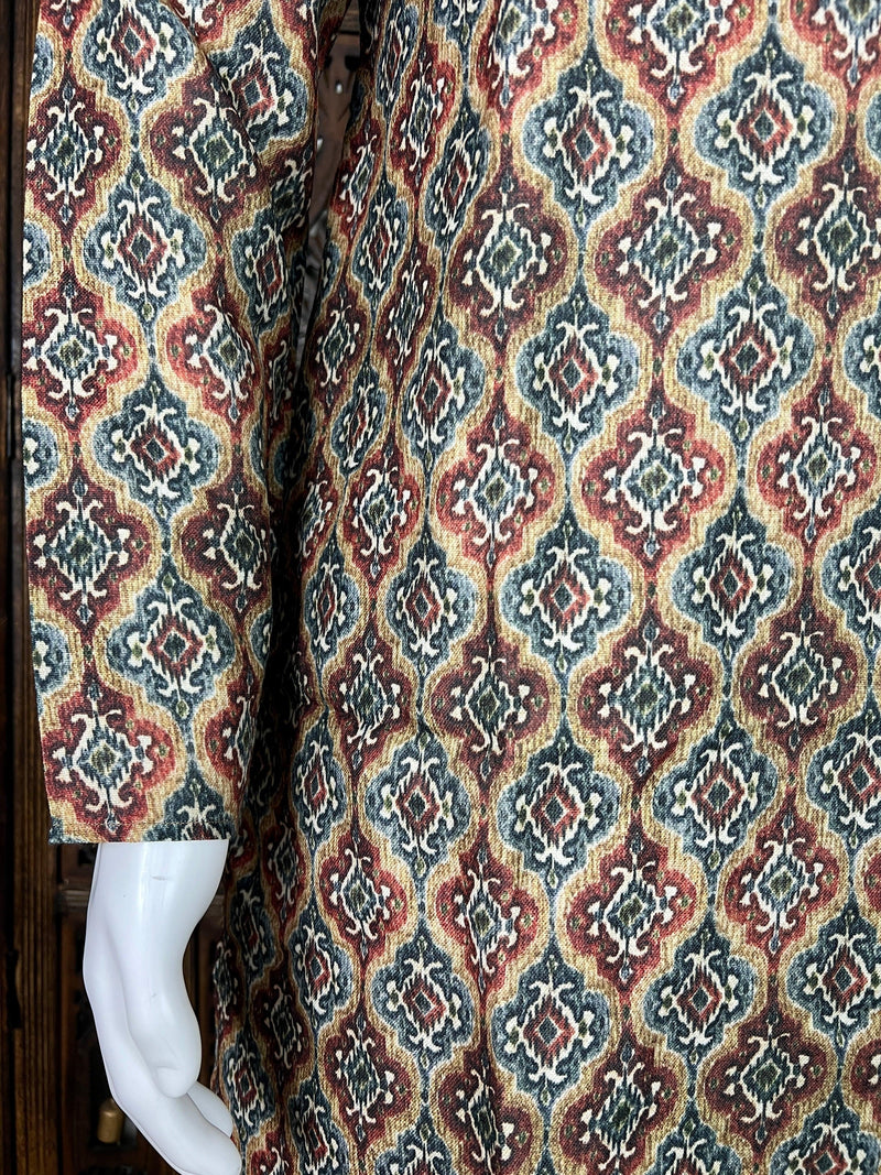 Ikkat Digital Printed Linen Silk Kurta with White Cotton Pajama - Kaash Collection