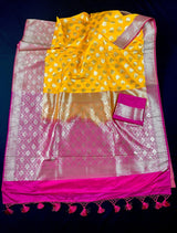 Yellow with Pink Traditional Banarasi Handloom Saree with wide borders - Kaash Collection