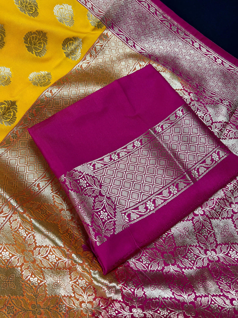 Yellow with Pink Traditional Banarasi Handloom Saree with wide borders - Kaash Collection