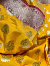 Yellow with Pink Traditional Banarasi Handloom Saree with wide borders - Kaash Collection