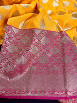 Yellow with Pink Traditional Banarasi Handloom Saree with wide borders - Kaash Collection