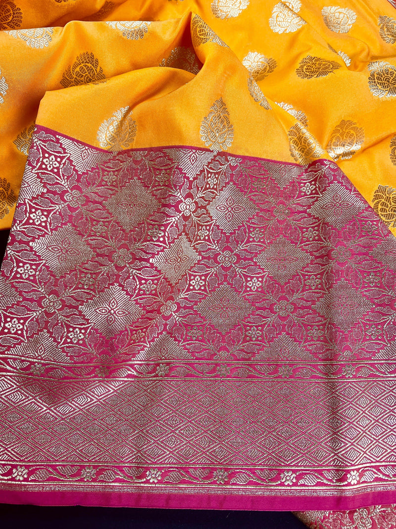 Yellow with Pink Traditional Banarasi Handloom Saree with wide borders - Kaash Collection