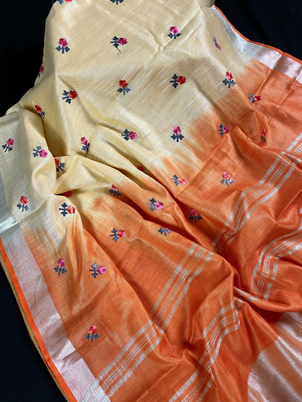 Pure Linen By linen Double Shade Saree in Beige and Orange Color with Floral Embroidery | Zari Work with Tassels | Kaash Collection - Kaash Collection