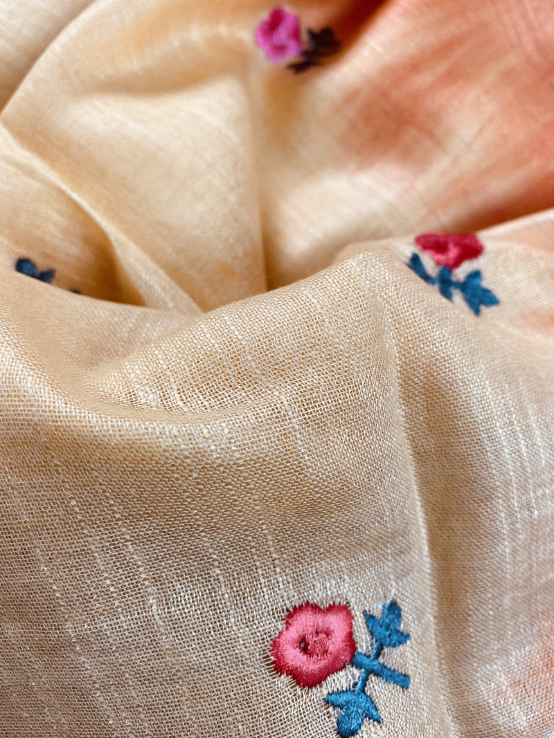 Pure Linen By linen Double Shade Saree in Beige and Orange Color with Floral Embroidery | Zari Work with Tassels | Kaash Collection - Kaash Collection