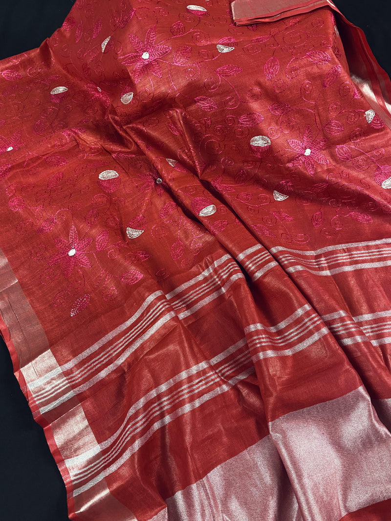 Pure Linen By linen Red and Pink Embroidery Saree with Zari Borders |  Zari Work and Tassels | Linen Sarees | Kaash Collection - Kaash Collection