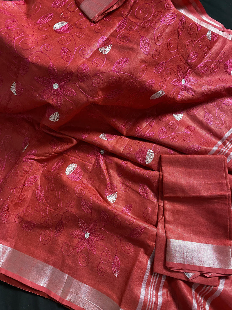 Pure Linen By linen Red and Pink Embroidery Saree with Zari Borders |  Zari Work and Tassels | Linen Sarees | Kaash Collection - Kaash Collection