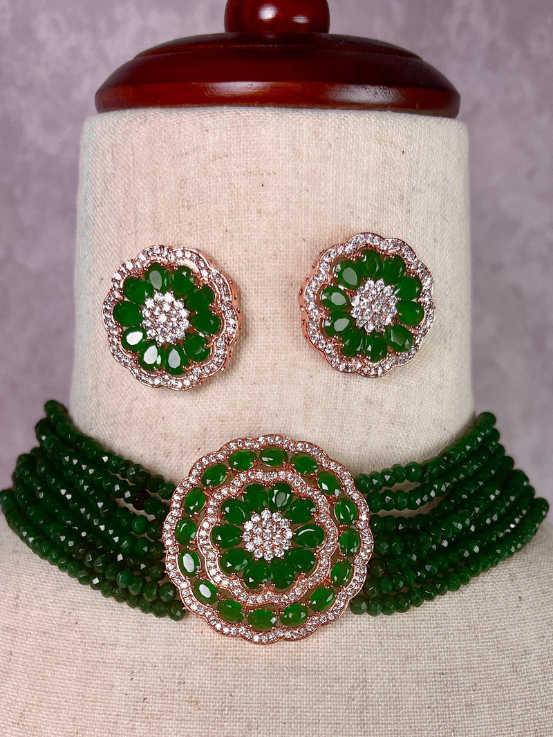 Emerald and Rose Gold Color CZ Necklace Earrings Bollywood Style Choker Set in High Quality Beads | Indian Jewelry Set |  Wedding Jewels - Kaash Collection