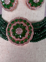 Emerald and Rose Gold Color CZ Necklace Earrings Bollywood Style Choker Set in High Quality Beads | Indian Jewelry Set |  Wedding Jewels - Kaash Collection