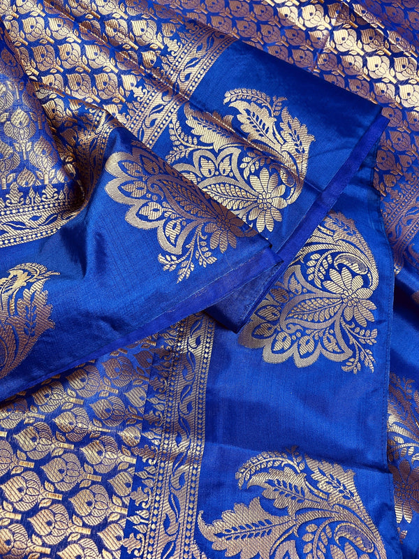 Statement Designer Royal Blue Saree with Muted Gold Zari Weaving Work Handmade Banarasi Silk Saree with complementing Brocade Blouse - Kaash Collection