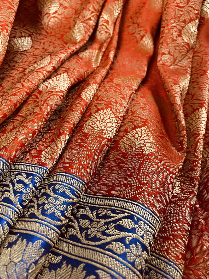 Rusty Red with Blue Borders and Pallu Traditional Tanchoi Banarasi Silk Handloom Saree | Banarasi Silk Saree | Kaash Collection - Kaash Collection