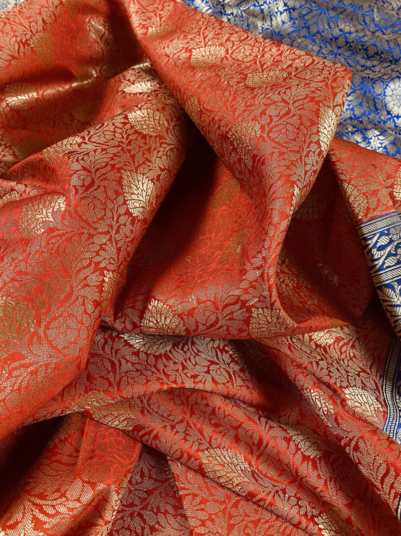 Rusty Red with Blue Borders and Pallu Traditional Tanchoi Banarasi Silk Handloom Saree | Banarasi Silk Saree | Kaash Collection - Kaash Collection